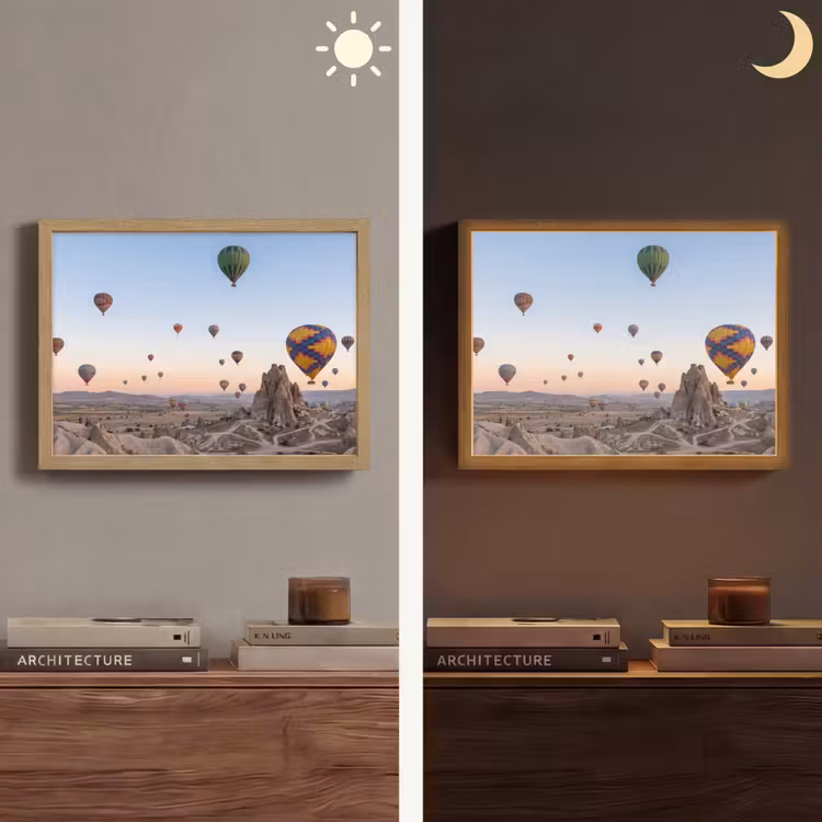 Luchtballonnen - Rotsen - Zonsopgang Light Box met batterij (Wandlamp) middel -sfeer3