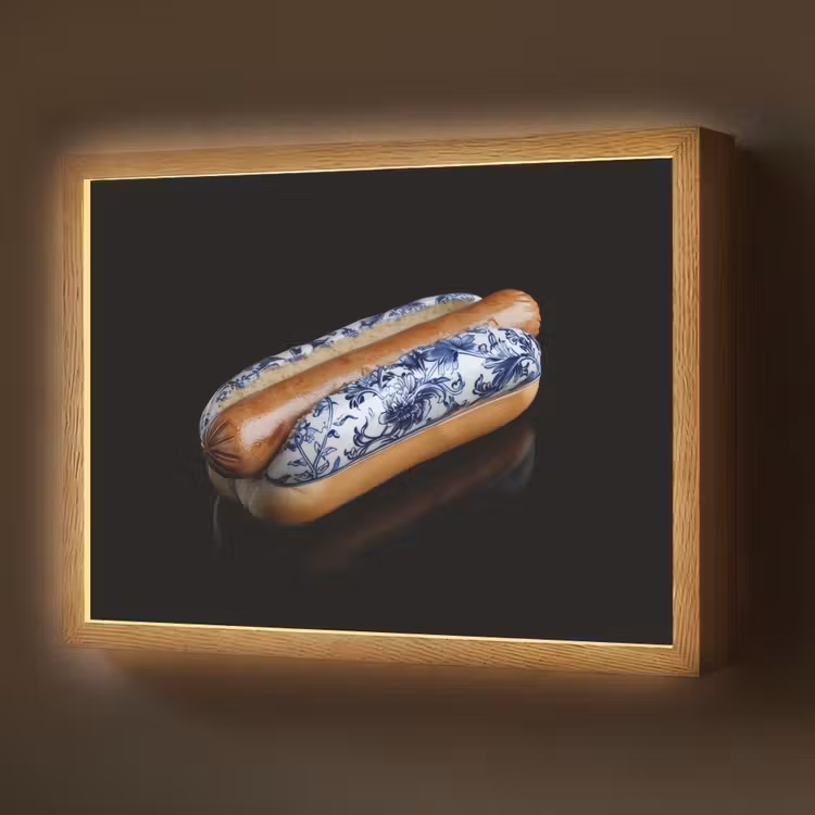 Hotdog - Porselein - Delfts blauw - Eten Light Box met batterij (Wandlamp) middel -z3d_website