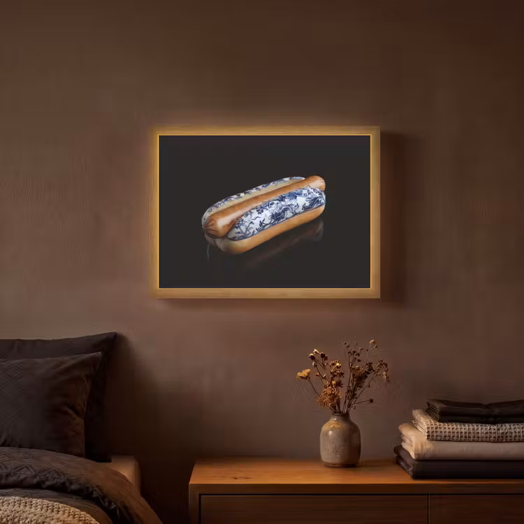 Hotdog - Porselein - Delfts blauw - Eten Light Box met batterij (Wandlamp) middel -sfeer4