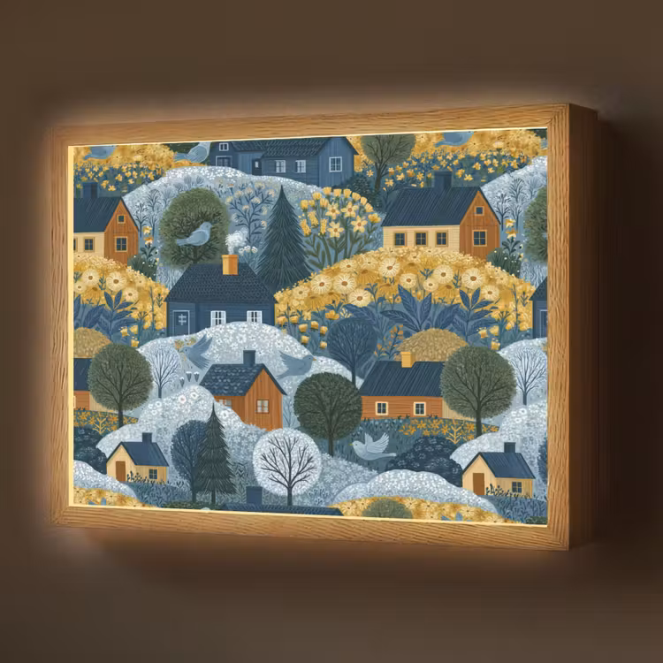 Huisjes - Bloemen - Patroon - Geel - Blauw Light Box met batterij (Wandlamp) middel 907 -z3d_website