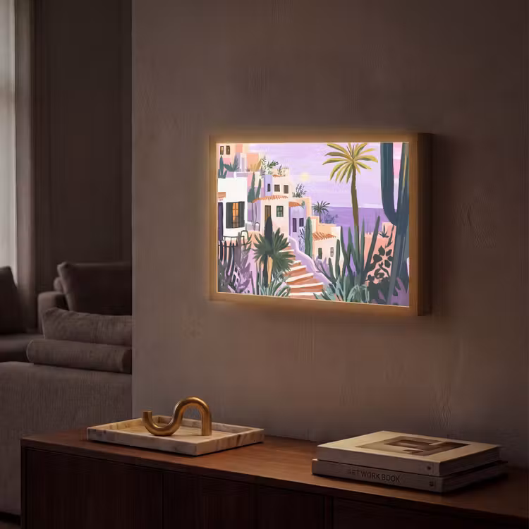 Huizen - Minimalistisch - Palmbomen - Kust Light Box met batterij (Wandlamp) middel -sfeer1