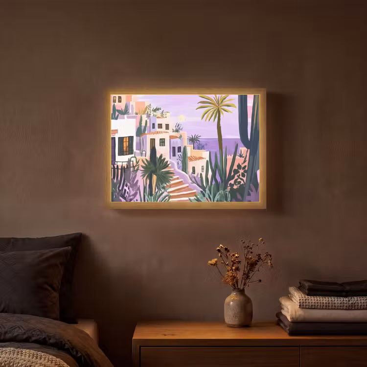 Huizen - Minimalistisch - Palmbomen - Kust Light Box met batterij (Wandlamp) middel -sfeer4