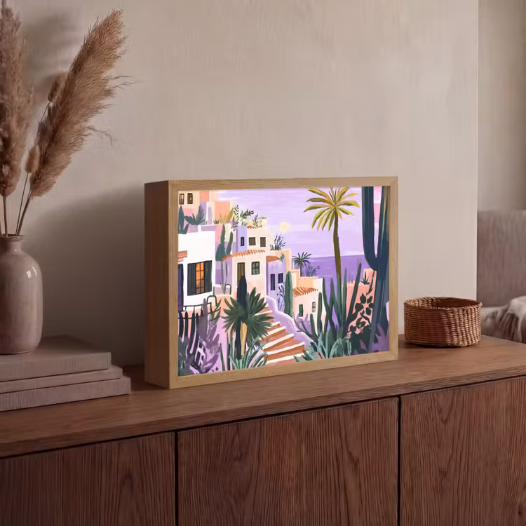 Huizen - Minimalistisch - Palmbomen - Kust Light Box met batterij (Wandlamp) middel -sfeer2