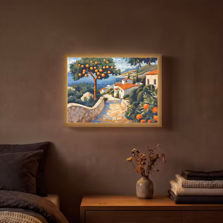 Huizen - Mozaïek - Sinaasappelbomen - Zee Light Box met batterij (Wandlamp) middel -sfeer4