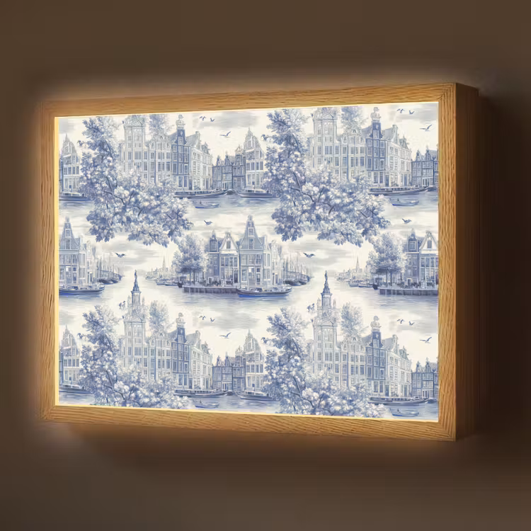 Huizen - Bomen - Water - Vogels - Blauw Light Box met batterij (Wandlamp) middel 907 -z3d_website