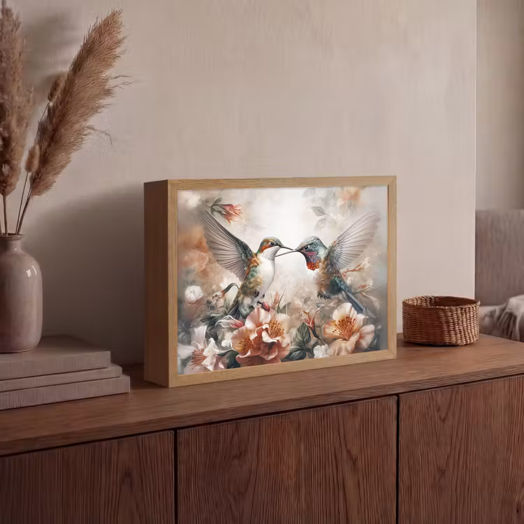 Kolibrie - Vogels - Bloemen - Natuur Light Box met batterij (Wandlamp) middel -sfeer2