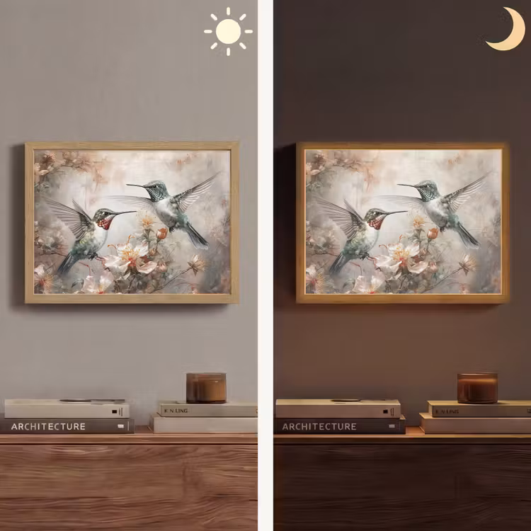 Kolibrie - Vogels - Bloemen - Planten Light Box met batterij (Wandlamp) middel -sfeer3