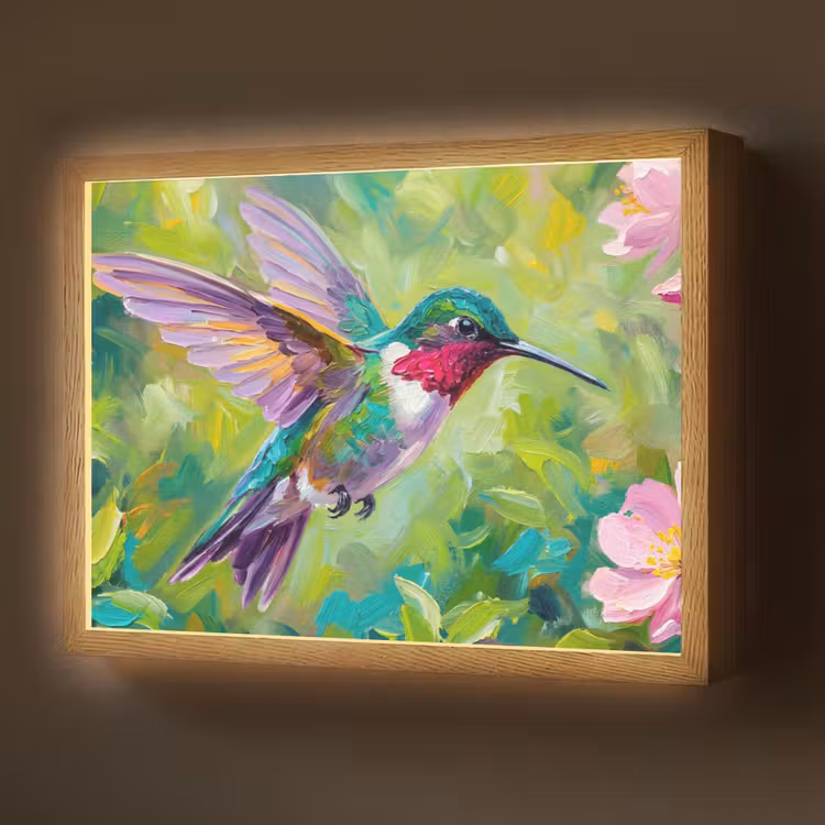 Kolibrie - Bloemen - Natuur - Kleurrijk Light Box met batterij (Wandlamp) middel -z3d_website