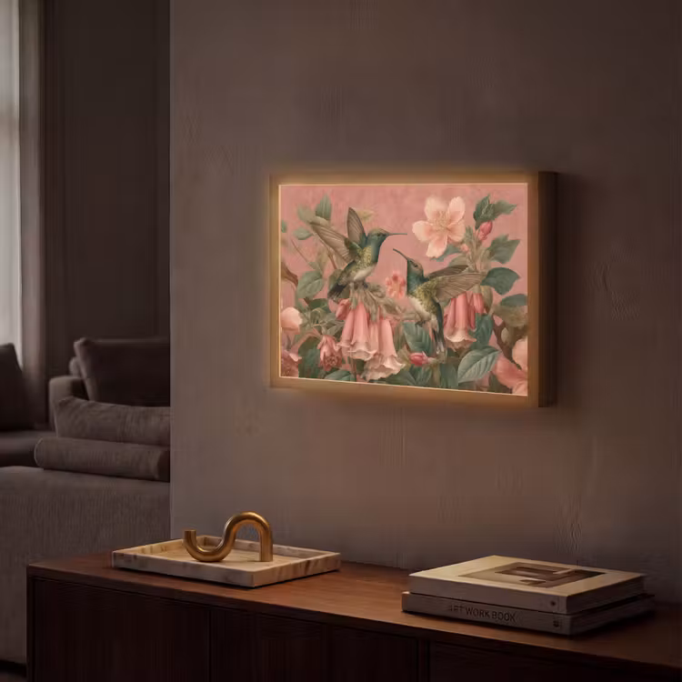 Kolibries - Bloemen - Groen - Roze Light Box met batterij (Wandlamp) middel -sfeer1