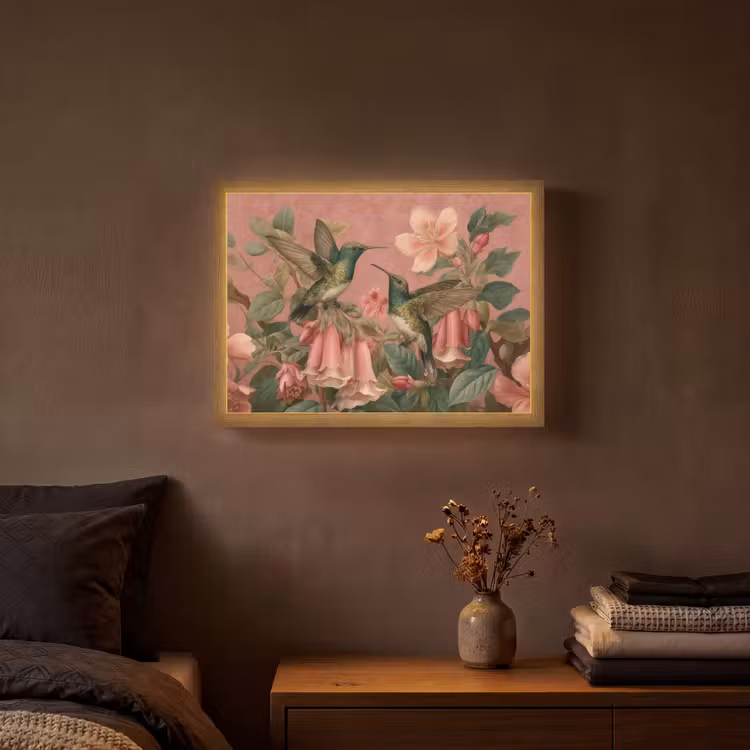 Kolibries - Bloemen - Groen - Roze Light Box met batterij (Wandlamp) middel -sfeer4