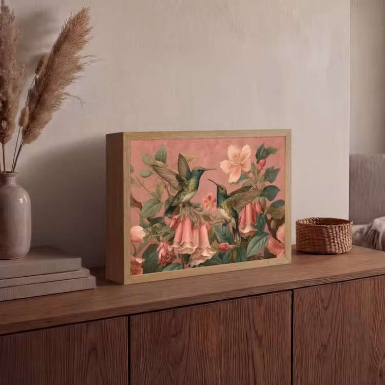 Kolibries - Bloemen - Groen - Roze Light Box met batterij (Wandlamp) middel -sfeer2