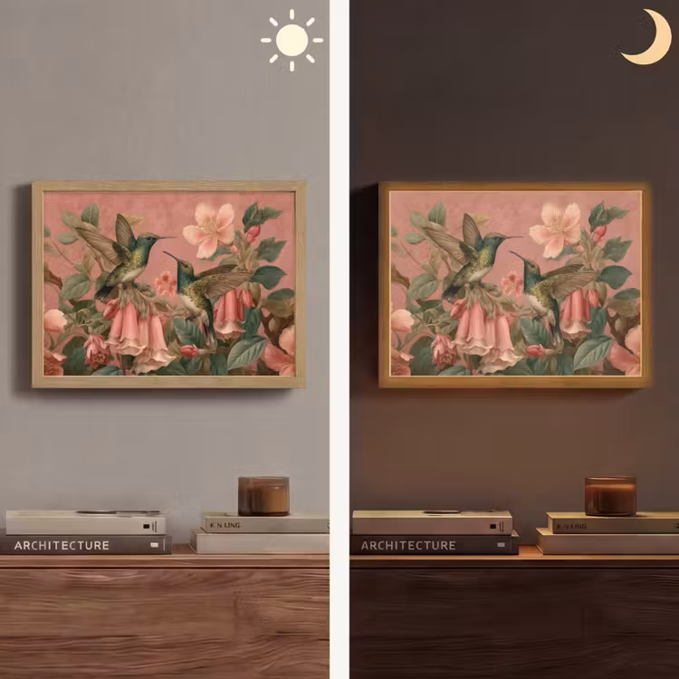 Kolibries - Bloemen - Groen - Roze Light Box met batterij (Wandlamp) middel -sfeer3