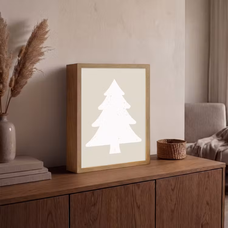 Japandi - Kerstboom - Beige - Kerstversiering Light Box met batterij (Wandlamp) middel -sfeer2