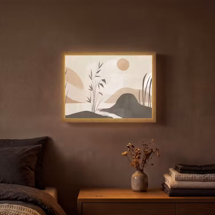Japandi - Landschap - Beige Light Box met batterij (Wandlamp) middel -sfeer4