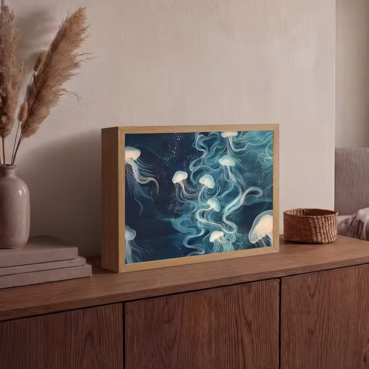 Kwallen - Zee - Wit - Golven Light Box met batterij (Wandlamp) middel -sfeer2