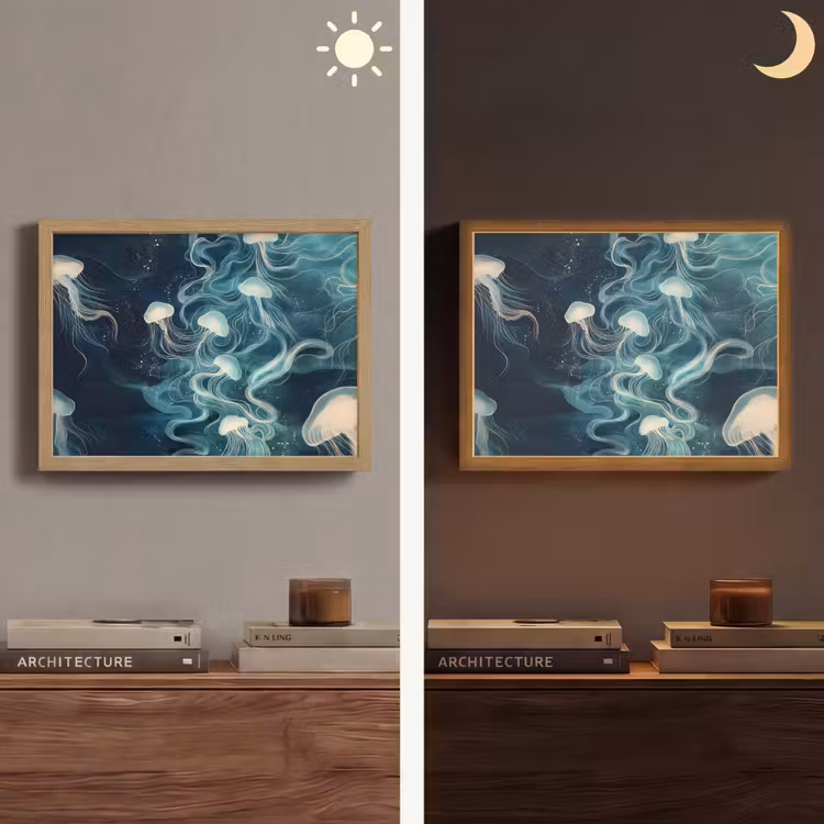 Kwallen - Zee - Wit - Golven Light Box met batterij (Wandlamp) middel -sfeer3