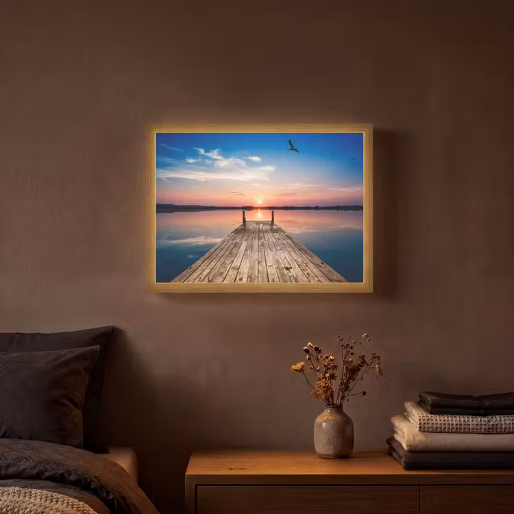 Steiger - Water - Zonsondergang - Roze - Horizon Light Box met batterij (Wandlamp) middel -sfeer4