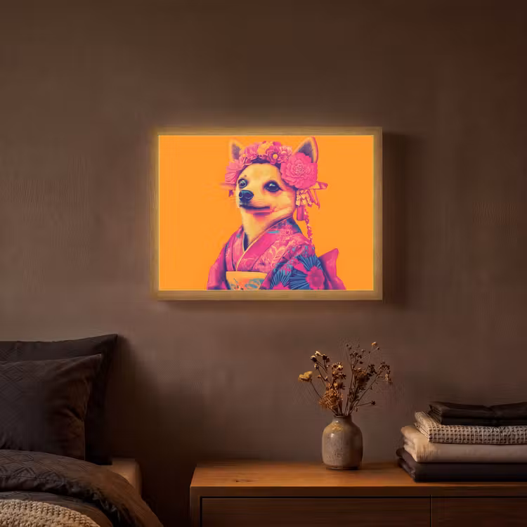 Kimono - Hondje - Bloemenkroon - Oranje Light Box met batterij (Wandlamp) middel -sfeer4
