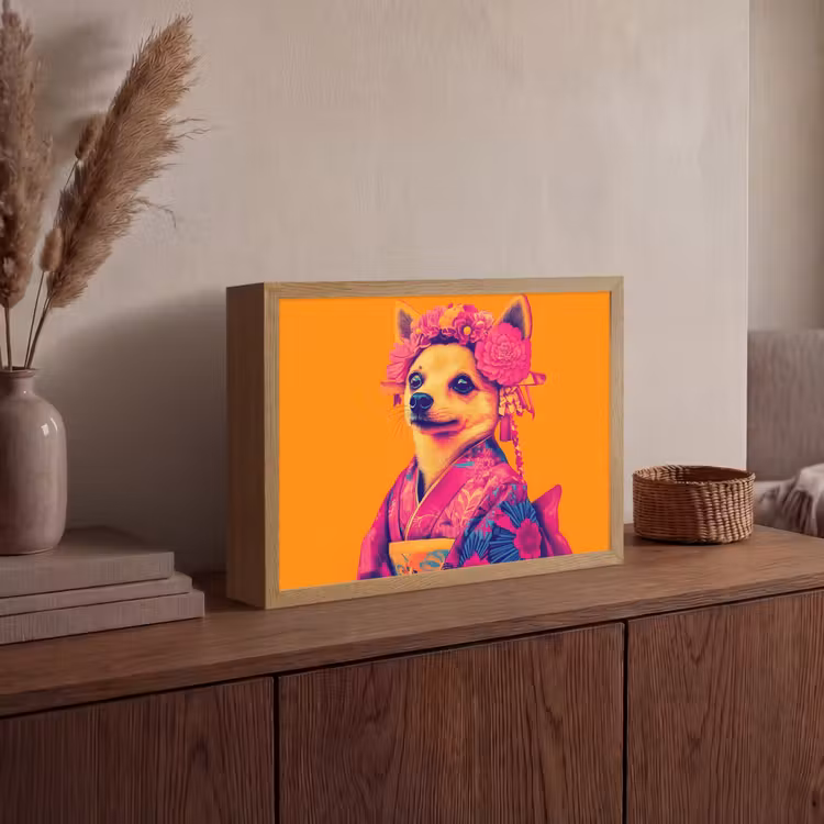 Kimono - Hondje - Bloemenkroon - Oranje Light Box met batterij (Wandlamp) middel -sfeer2