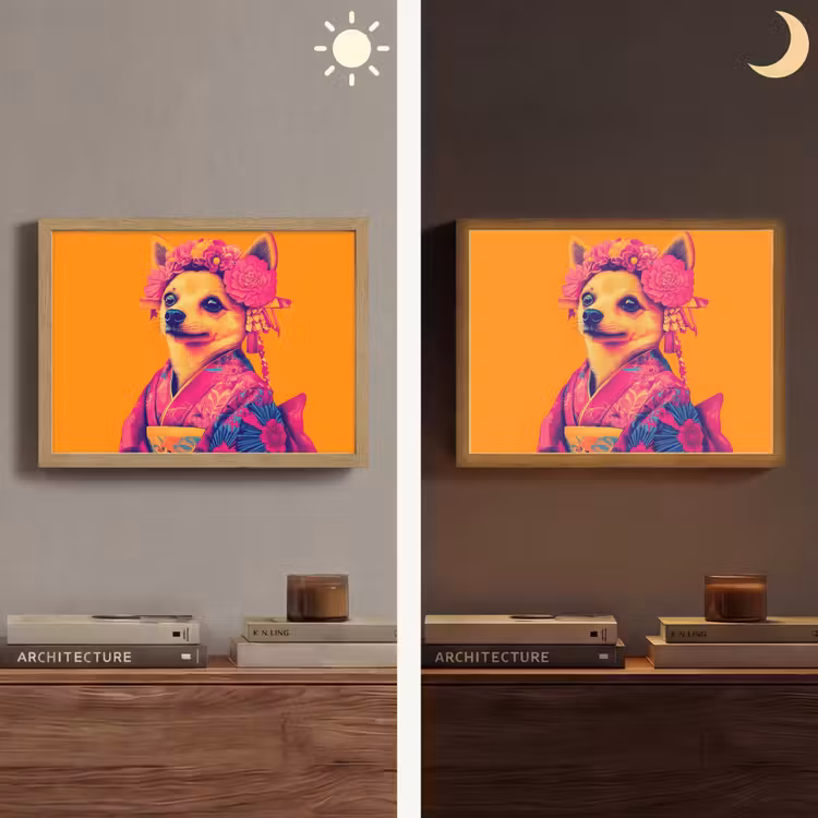 Kimono - Hondje - Bloemenkroon - Oranje Light Box met batterij (Wandlamp) middel -sfeer3