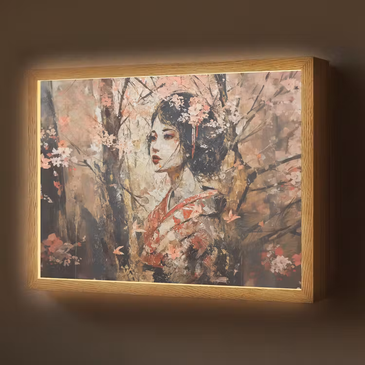 Kimono - Vrouw - kersenbomen Light Box met batterij (Wandlamp) middel -z3d_website