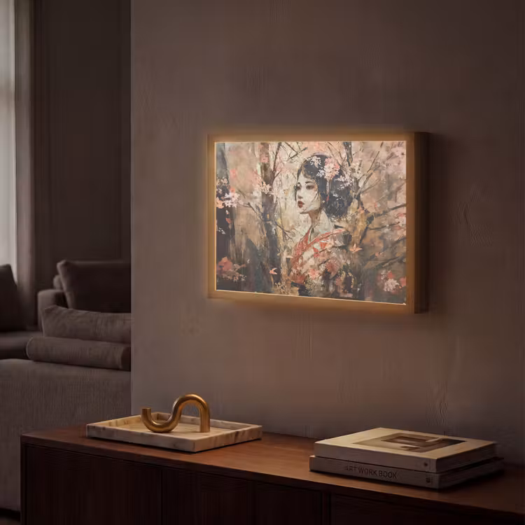 Kimono - Vrouw - kersenbomen Light Box met batterij (Wandlamp) middel -sfeer1