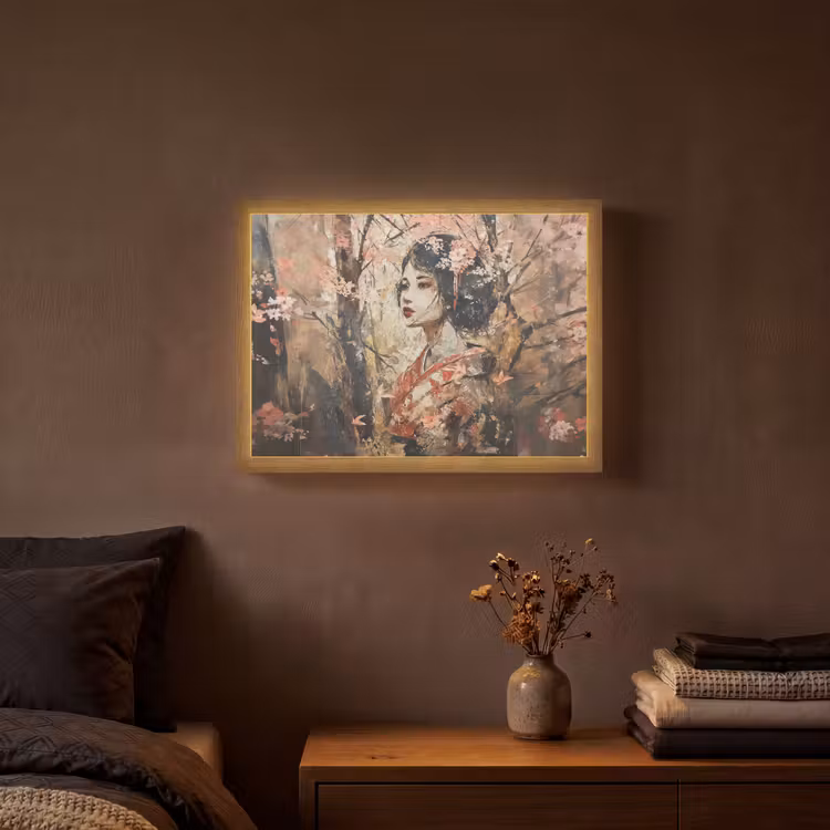 Kimono - Vrouw - kersenbomen Light Box met batterij (Wandlamp) middel -sfeer4