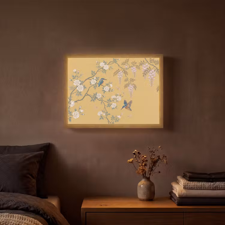 IJsvogels - Bloesem - Geel Light Box met batterij (Wandlamp) middel -sfeer4