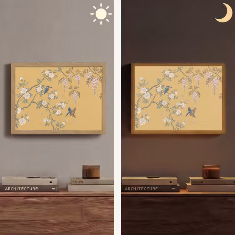 IJsvogels - Bloesem - Geel Light Box met batterij (Wandlamp) middel -sfeer3