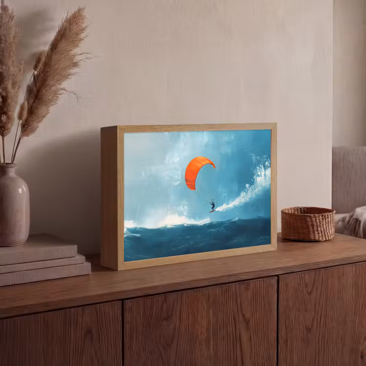 Kitesurfer - Oranje - Zee - Lucht Light Box met batterij (Wandlamp) middel -sfeer2