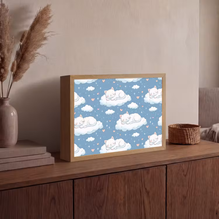 Kitten - Wolken - Blauw Light Box met batterij (Wandlamp) middel 907 -sfeer2