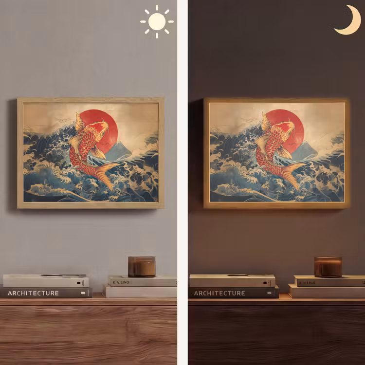 Koi - Zee - Golven - Zon Light Box met batterij (Wandlamp) middel -sfeer3
