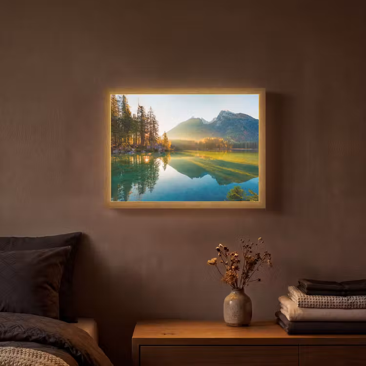 Meer - Bos - Bergen - Natuur - Zon - Landschap Light Box met batterij (Wandlamp) middel -sfeer4