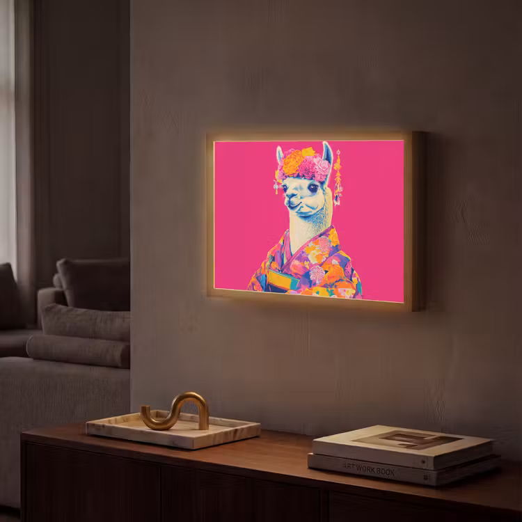 Lama - Kimono - Bloemenkrans - Felroze Light Box met batterij (Wandlamp) middel -sfeer1