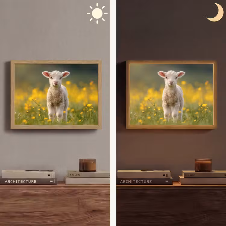 Lammetje - Gras - Bloemen - Geel Light Box met batterij (Wandlamp) middel -sfeer3