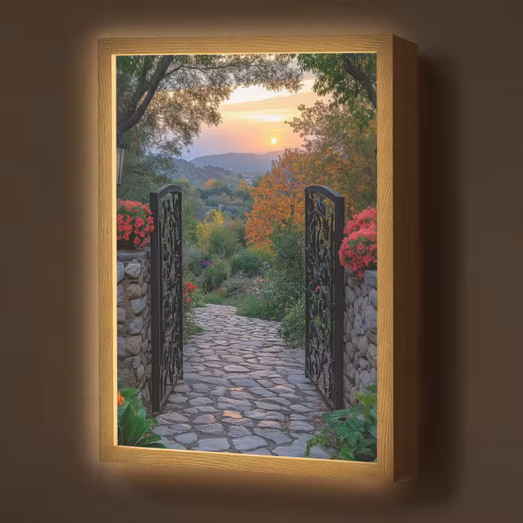 Landschap - Hek - Pad - Zonsondergang - Natuur Light Box met batterij (Wandlamp) middel -z3d_website