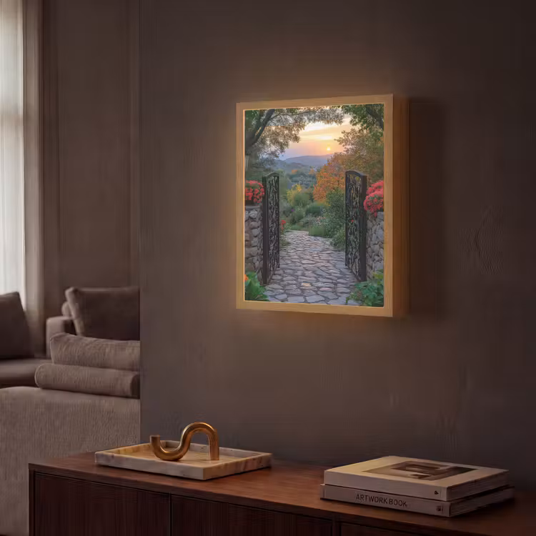Landschap - Hek - Pad - Zonsondergang - Natuur Light Box met batterij (Wandlamp) middel -sfeer1