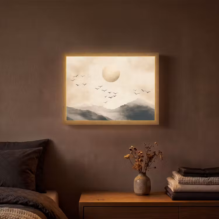Landschap - Japandi - vogel Light Box met batterij (Wandlamp) middel -sfeer4