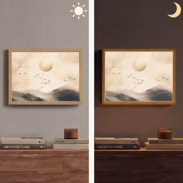 Landschap - Japandi - vogel Light Box met batterij (Wandlamp) middel -sfeer3
