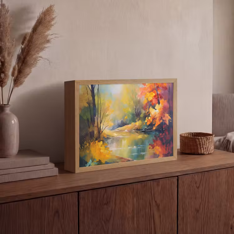 Landschap - Olieverf - Rivier - Kleurrijk Light Box met batterij (Wandlamp) middel -sfeer2