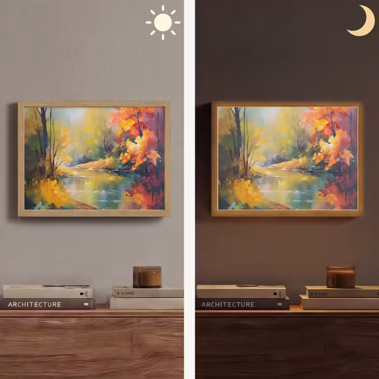 Landschap - Olieverf - Rivier - Kleurrijk Light Box met batterij (Wandlamp) middel -sfeer3