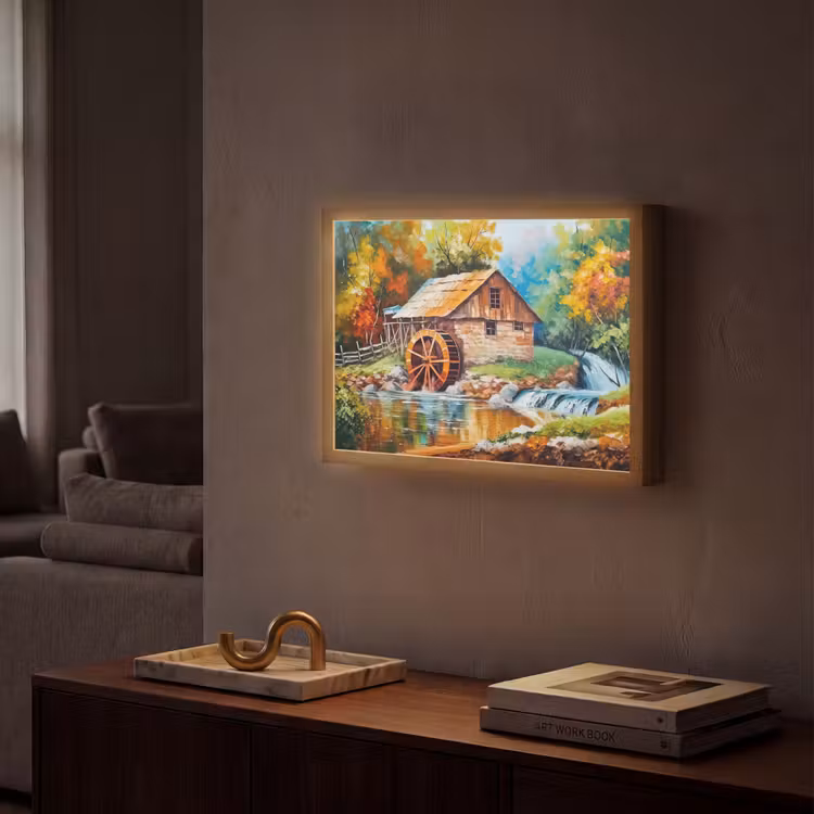 Landschap - Schilderij - Huis - Kunst - Herfst Light Box met batterij (Wandlamp) middel -sfeer1