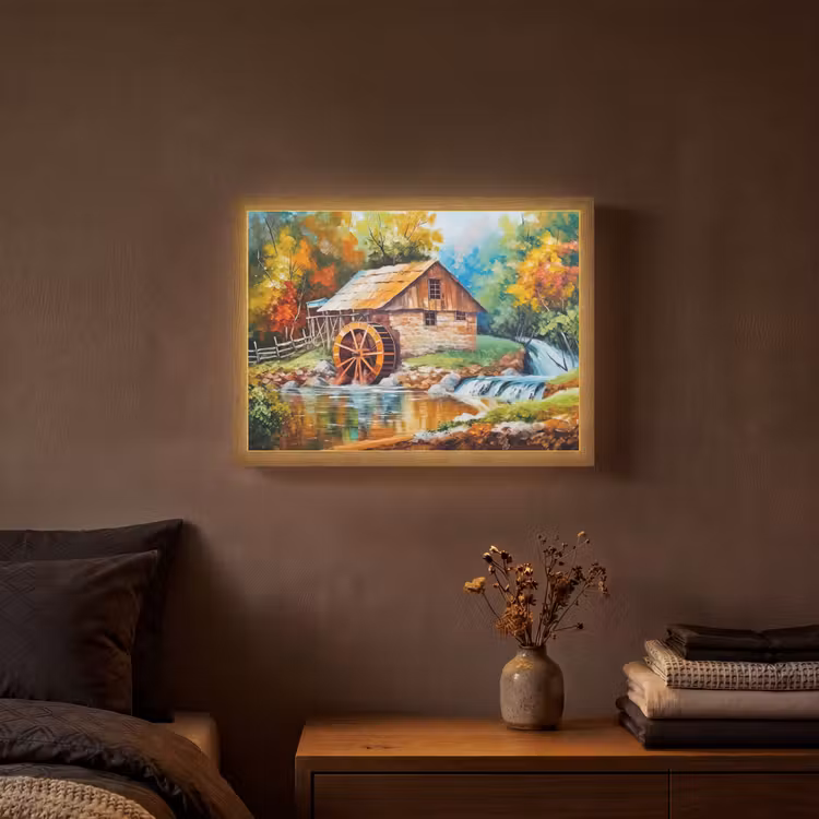 Landschap - Schilderij - Huis - Kunst - Herfst Light Box met batterij (Wandlamp) middel -sfeer4