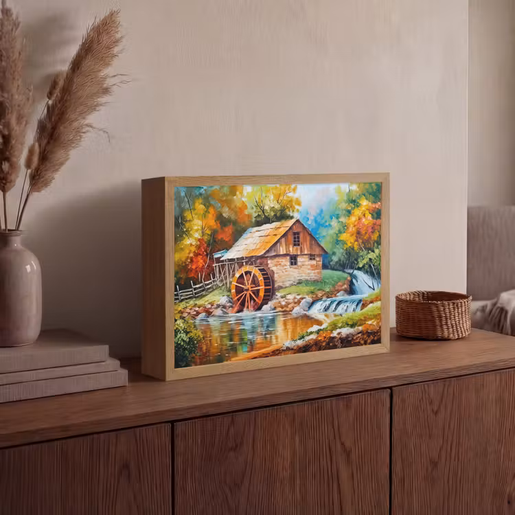 Landschap - Schilderij - Huis - Kunst - Herfst Light Box met batterij (Wandlamp) middel -sfeer2