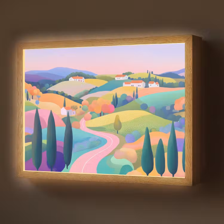 Landschap - Paars - Pastel - Huizen Light Box met batterij (Wandlamp) middel -z3d_website
