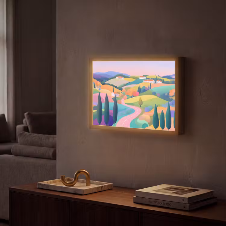 Landschap - Paars - Pastel - Huizen Light Box met batterij (Wandlamp) middel -sfeer1