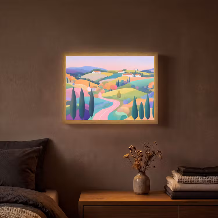 Landschap - Paars - Pastel - Huizen Light Box met batterij (Wandlamp) middel -sfeer4