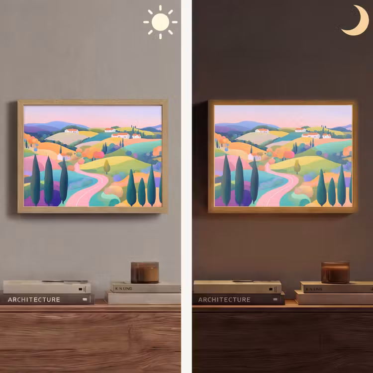 Landschap - Paars - Pastel - Huizen Light Box met batterij (Wandlamp) middel -sfeer3