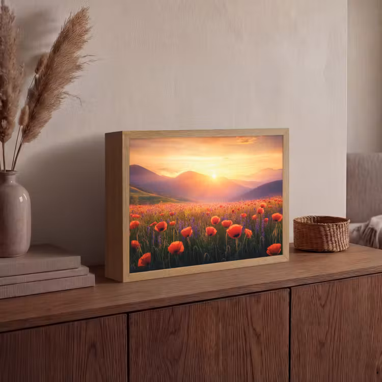 Landschap - Zonsondergang - Bloemenveld Light Box met batterij (Wandlamp) middel -sfeer2
