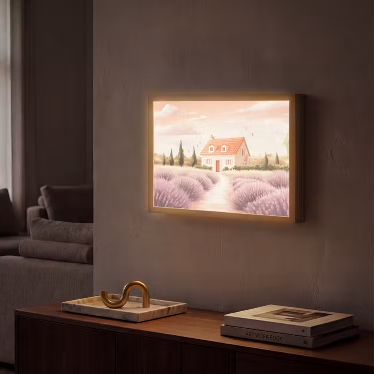 Lavendelveld - Huis - Paars Light Box met batterij (Wandlamp) middel -sfeer1
